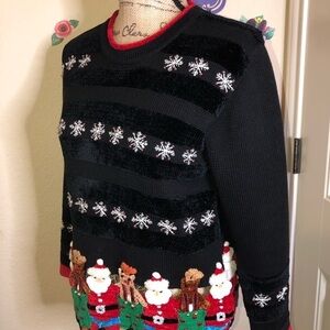Vintage Derek Black with Snowflakes Crocheted Bottom Christmas Sweater Size S